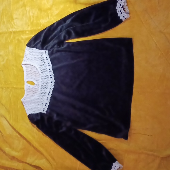 Black velvet with white lace yoke, goth top, M - Picture 1 of 4